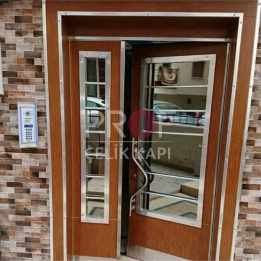 Camlı Açık Renk Ahşap Apartman Giriş Kapısı PRF840