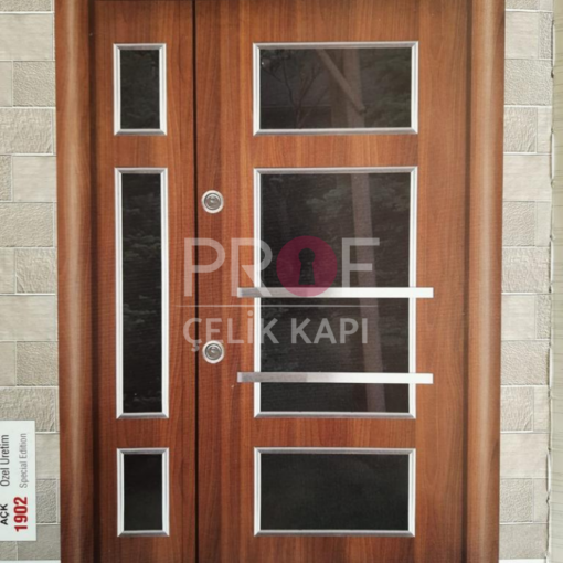 Metal Çerçeve Camlı Ahşap Apartman Giriş Kapısı PRF841