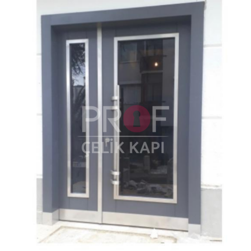 Metal Çerçeve Camlı Gri Apartman Giriş Kapısı PRF842