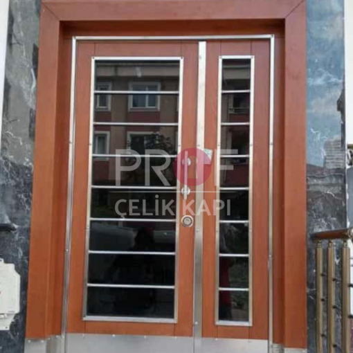 Camlı Metal Kulp Detay Ahşap Apartman Giriş Kapısı PRF843