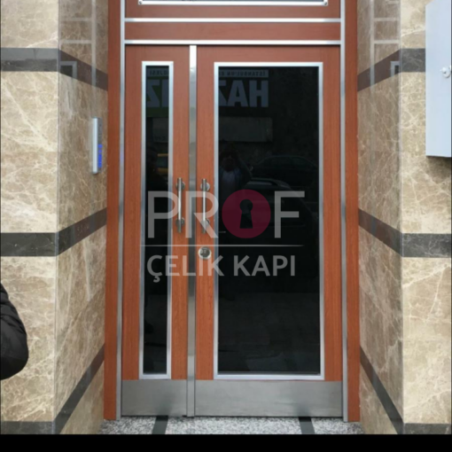 Camlı Acık Renk Ahşap Apartman Giriş Kapısı PRF870