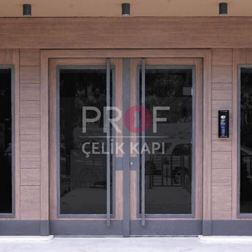 Gri Çerçeve Camlı Krem Apartman Giriş Kapısı PRF871