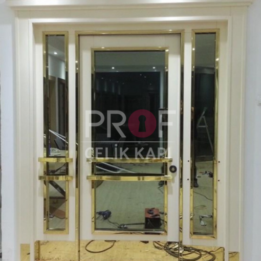 Gold Çerçeve Camlı Beyaz Apartman Giriş Kapısı PRF883