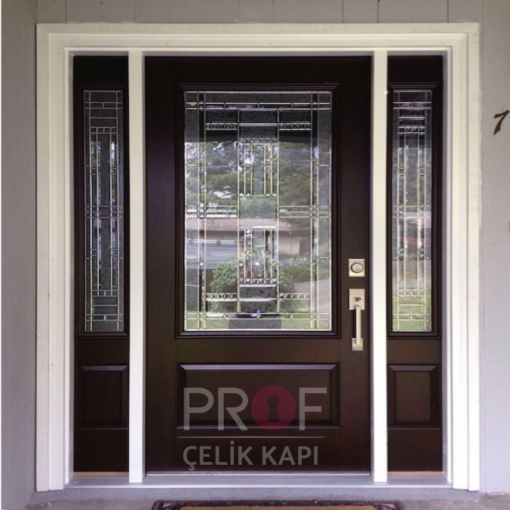 Desen Camlı Koyu Ahşap Villa Kapısı PRF320