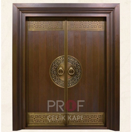 Gold Motifli Koyu Ahşap Villa Kapısı PRF327