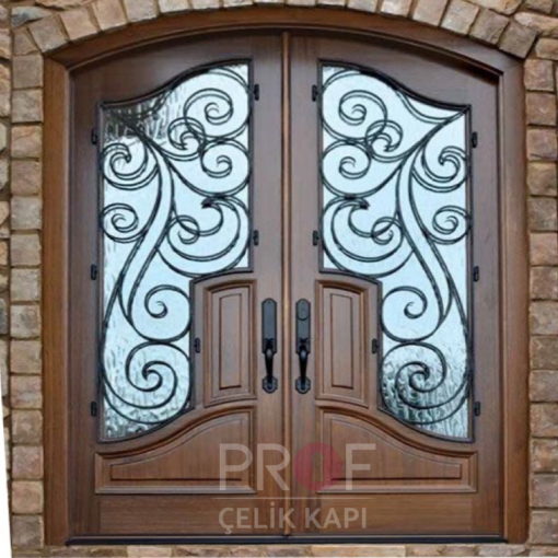 Camlı Ferforje Ahşap Oval Villa Kapısı PRF355